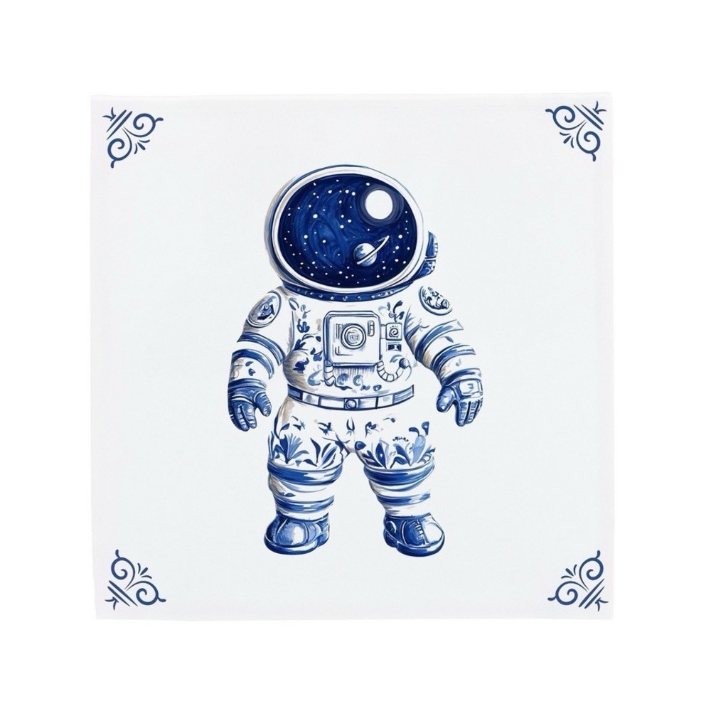 Delft Blue Ceramic Tile Astronaut Design By Dutch Tile Project 4.3" X 4.3"